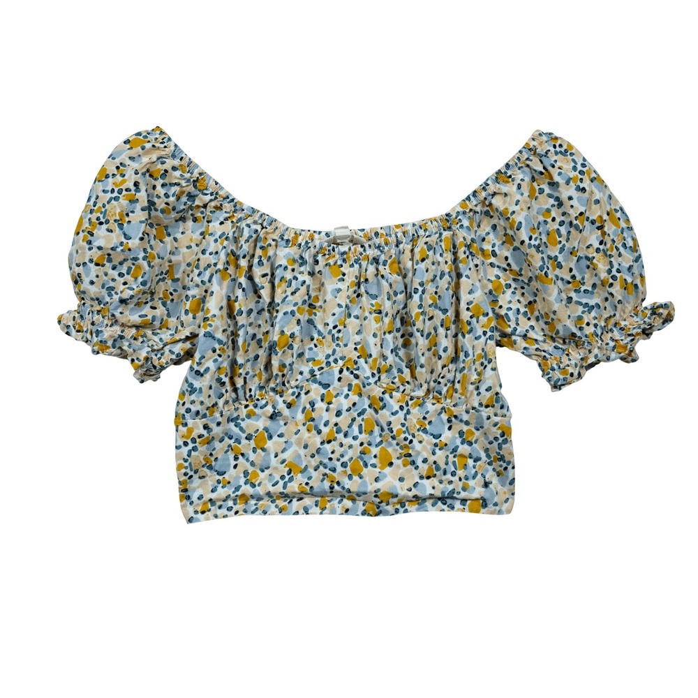 Sim & Sam Floral Crop Top S Yellow Blue Puff Sleeve Cottagecore Cowgirl Y2K